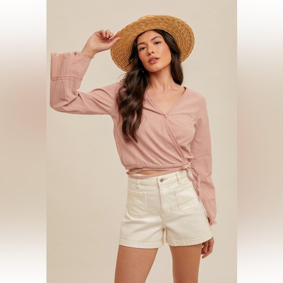 Hem & Thred Indi Pink Wrap Crop Bell Sleeve Blouse NWT - Picture 3 of 4